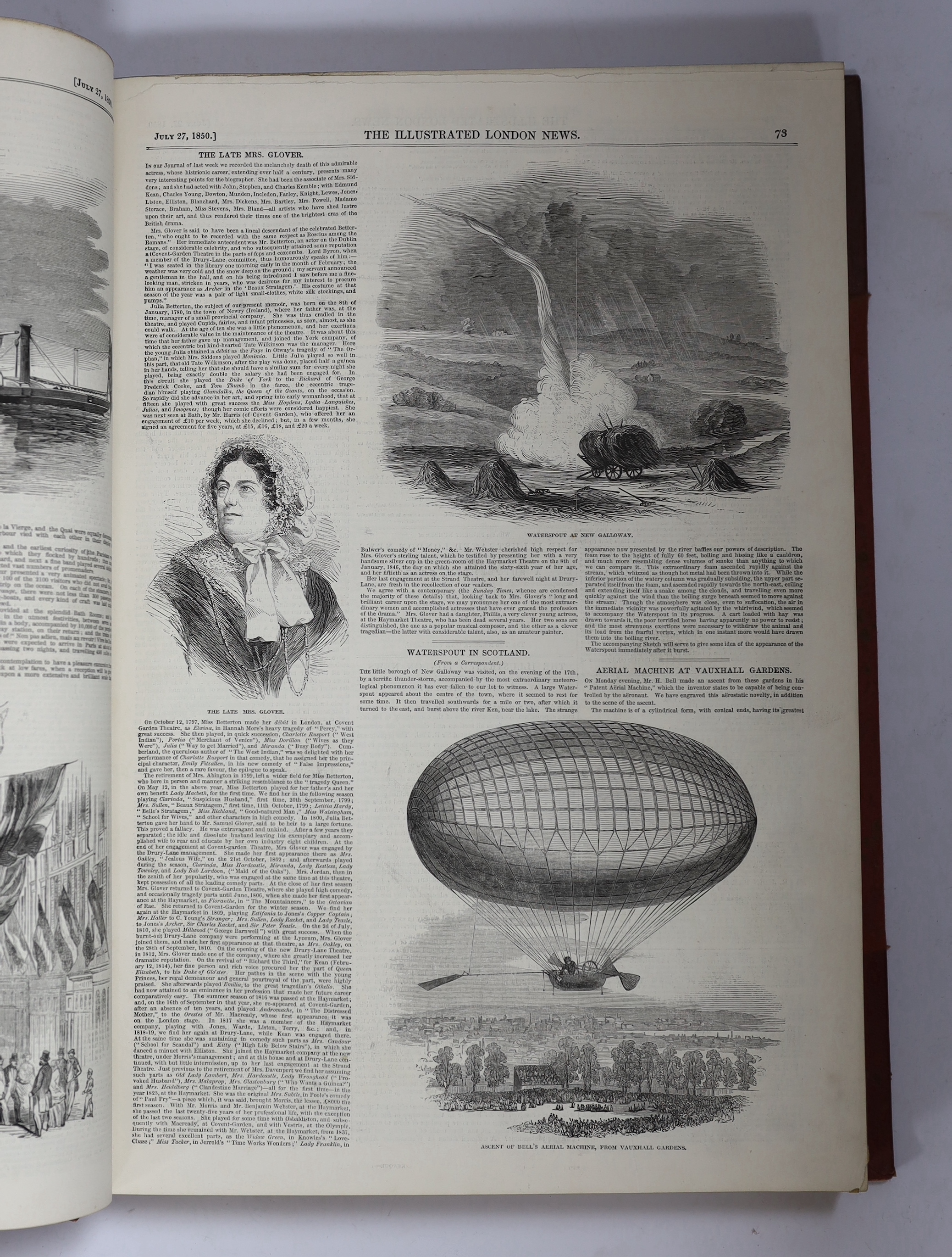 The Illustrated London News - vols.17 (July-Dec.1850); 20 (Jan-June 1852); 28 (Jan-June 1856). many engraved illus. (some folded or d-page); various cloth and leather bindings, folio. (3)